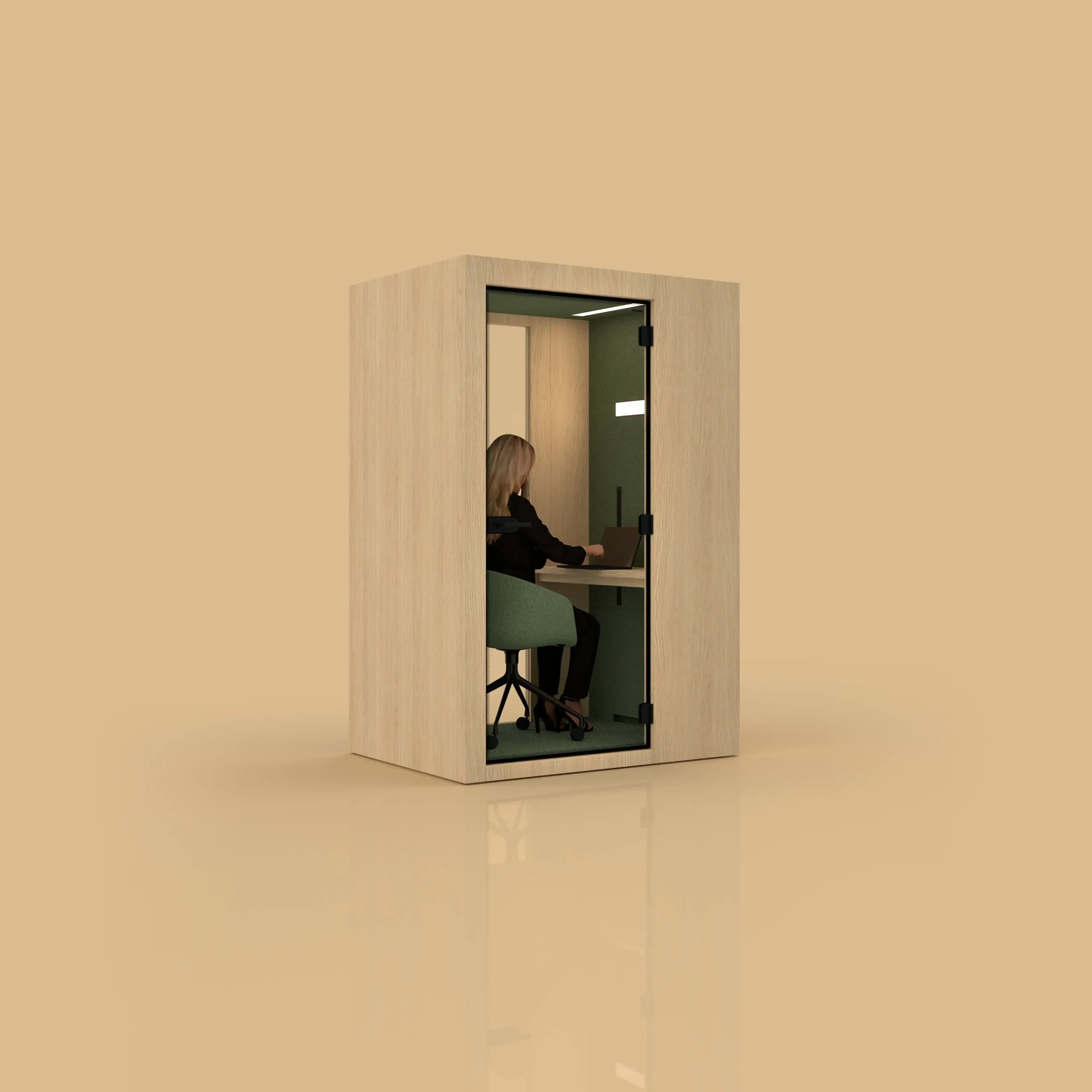 VETRSOPACE XS+ Office Hybrid Pod for one with oak external finish, on a beige background. VETRSOPACE XS+ Office Hybrid Pod for one with oak external finish, on a beige background.