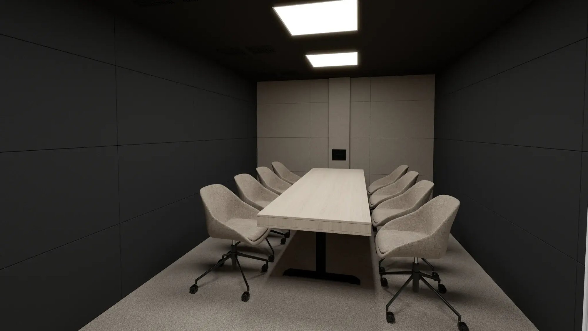 Modern, windowless meeting room with dark acoustic wall panels, a long rectangular table, and upholstered swivel chairs under recessed ceiling lights. Modern, windowless meeting room with dark acoustic wall panels, a long rectangular table, and upholstered swivel chairs under recessed ceiling lights.
