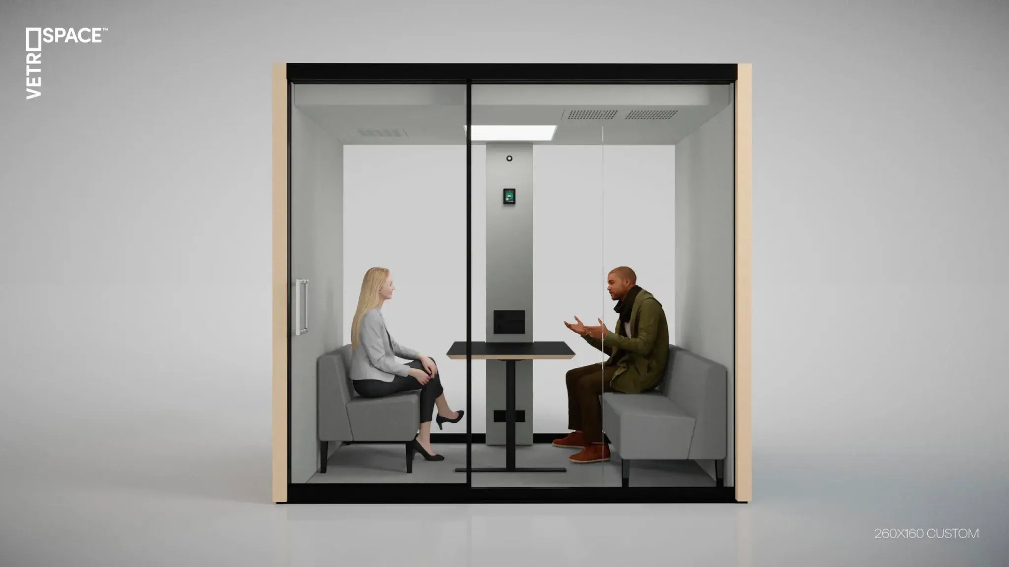Generated image of two people discussing in a customized Vetrospace meeting pod. Generated image of two people discussing in a customized Vetrospace meeting pod.