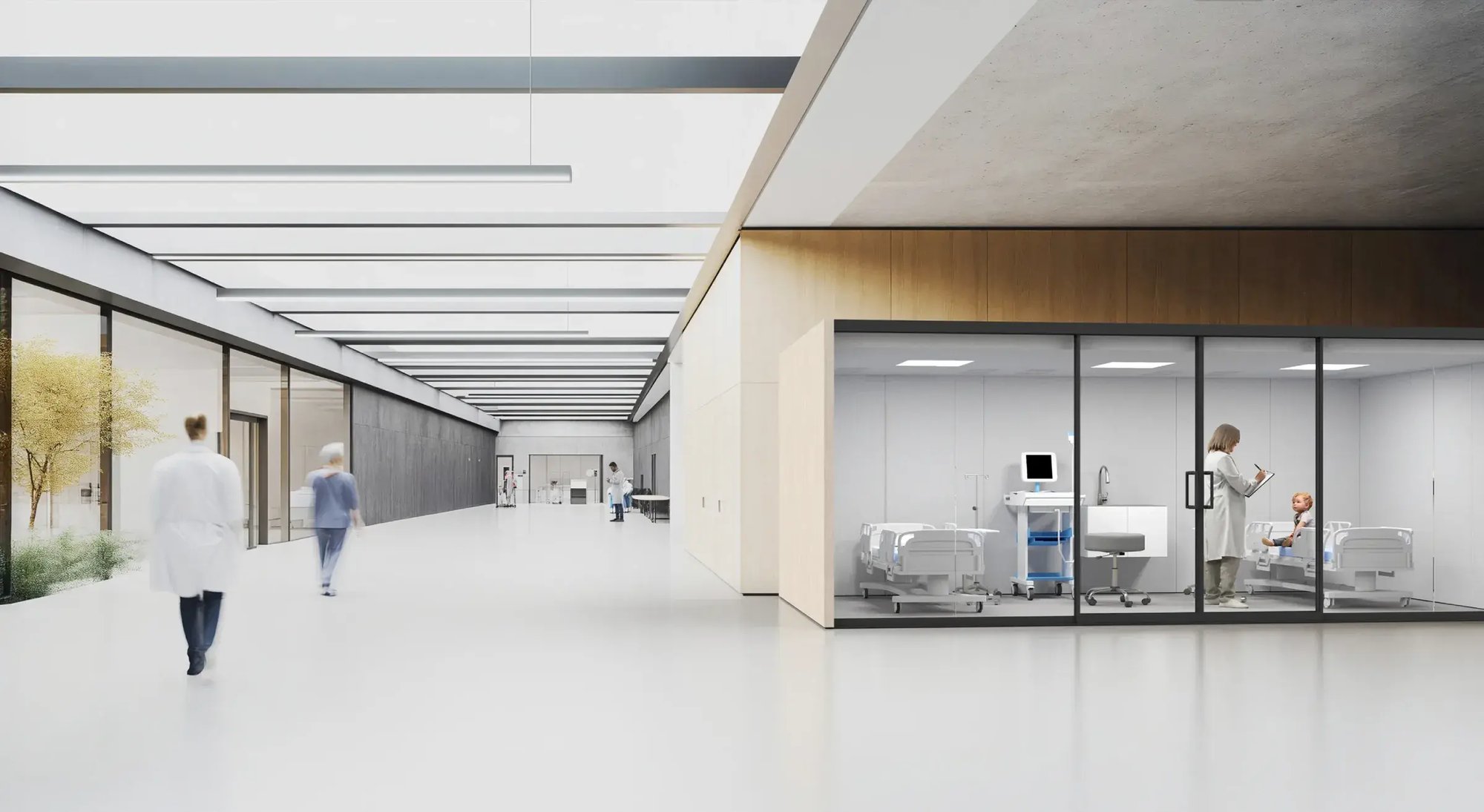 Glass-enclosed healthcare pod in a hospital corridor, with a clinician attending a patient inside. Glass-enclosed healthcare pod in a hospital corridor, with a clinician attending a patient inside.