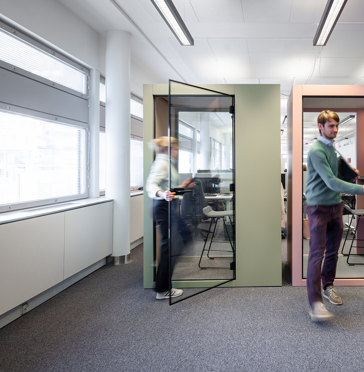 Vetrospace one person pods in use in an office environment.