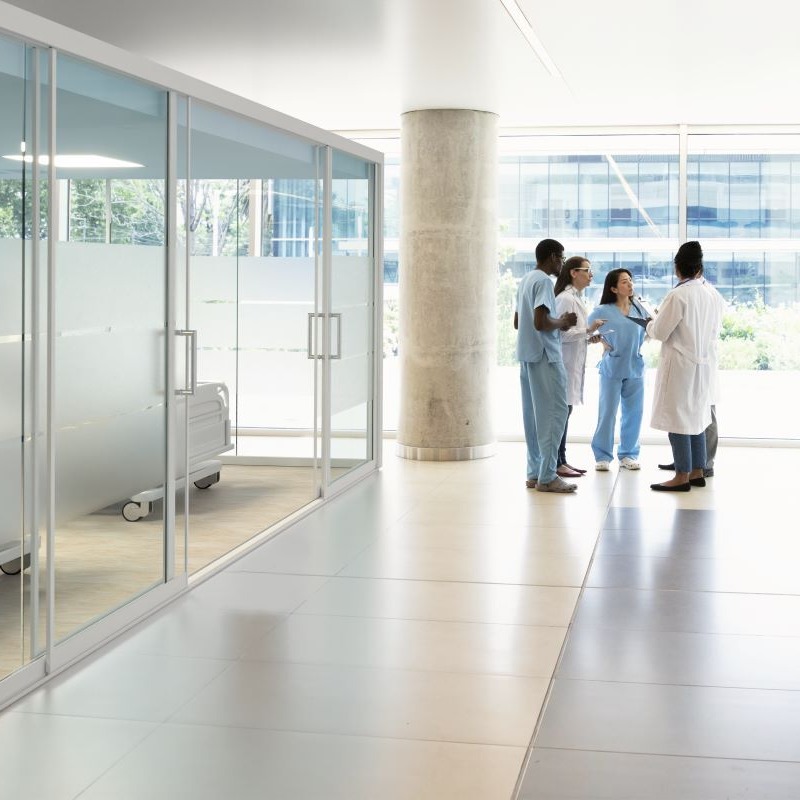 Doctors and nursesdiscussing in bright a hospital hallway, on the left is a customized Vetrospace pod patient room.