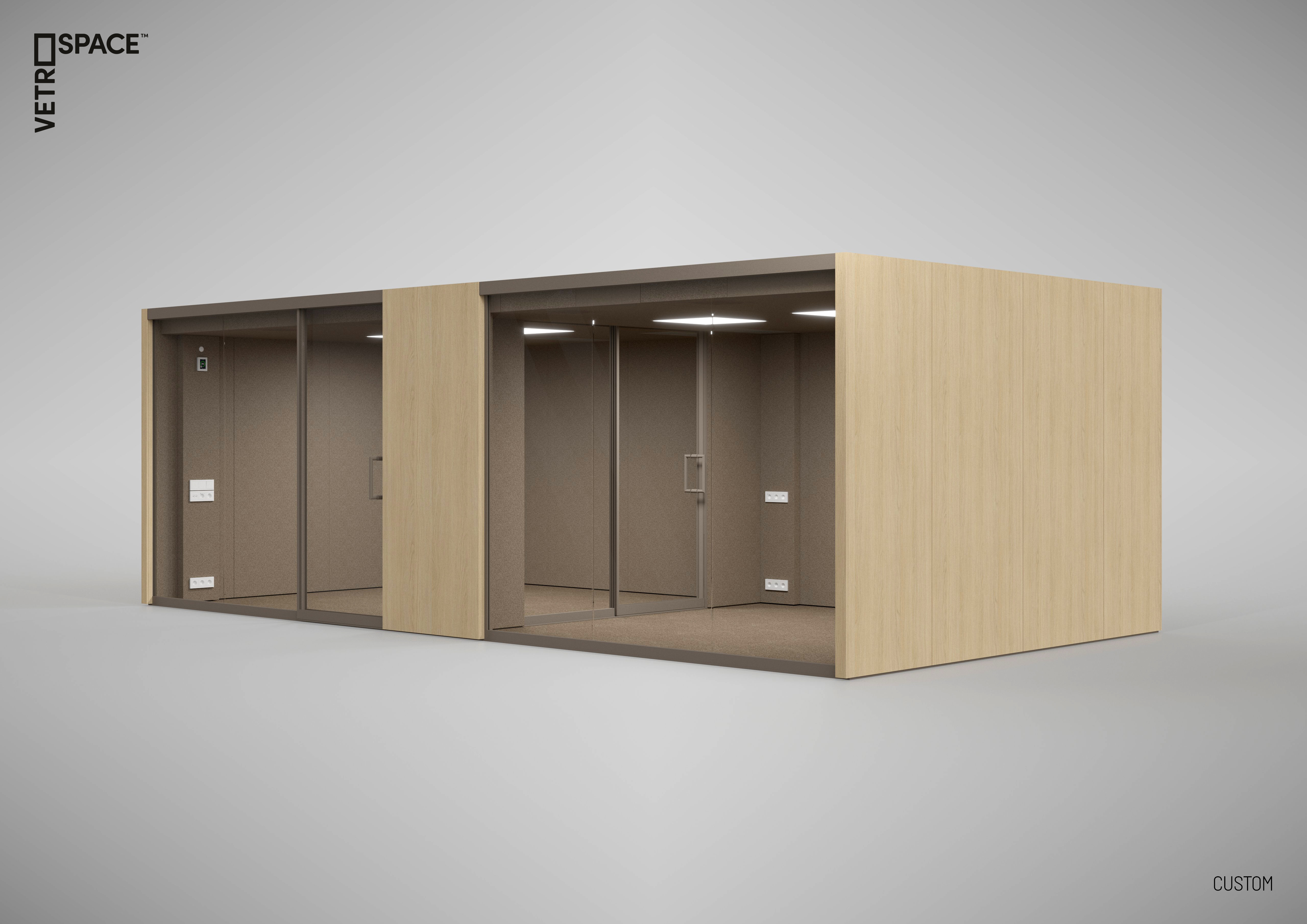 Suuri, puuverhoiltu ja lasiovilla varustettu Vetrospace-moduuli, jossa on kaksi erillistä tilaa toimisto- tai neuvottelukäyttöön.